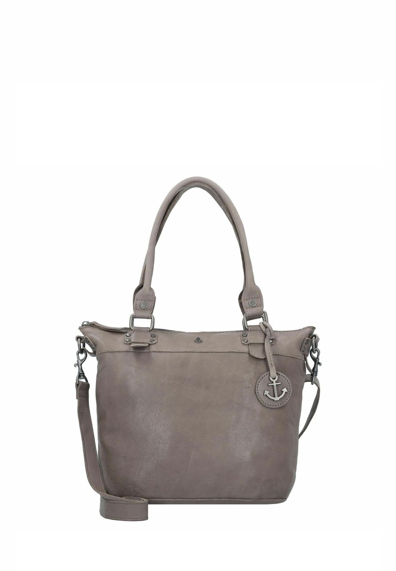 Borsa a tracolla in pelle grigia con doppi manici, tracolla removibile, hardware in argento e dettaglio a forma di ancora. Texture liscia e forma strutturata.