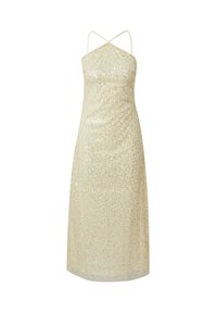 Pailletten-slipkleid in hellem Beige mit V-Ausschnitt, dünnen Kreuzträgern und einer geraden Silhouette, die einen dezenten Schimmereffekt aufweist.