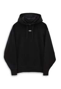 Black hooded sweatshirt made of soft fabric. Features a front pocket, ribbed cuffs, and a small white "VANS" logo on the chest.