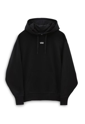 Černá mikina s kapucí vyrobená z měkké tkaniny. Obsahuje přední kapsu, ribovaná manžety a malé bílé logo "VANS" na hrudi.