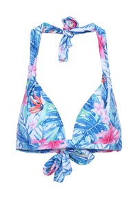 Top bikini a triangolo con una base bianca decorata con motivi floreali e fogliosi multicolori. Si annoda al collo e alla schiena. Realizzato in tessuto elasticizzato.