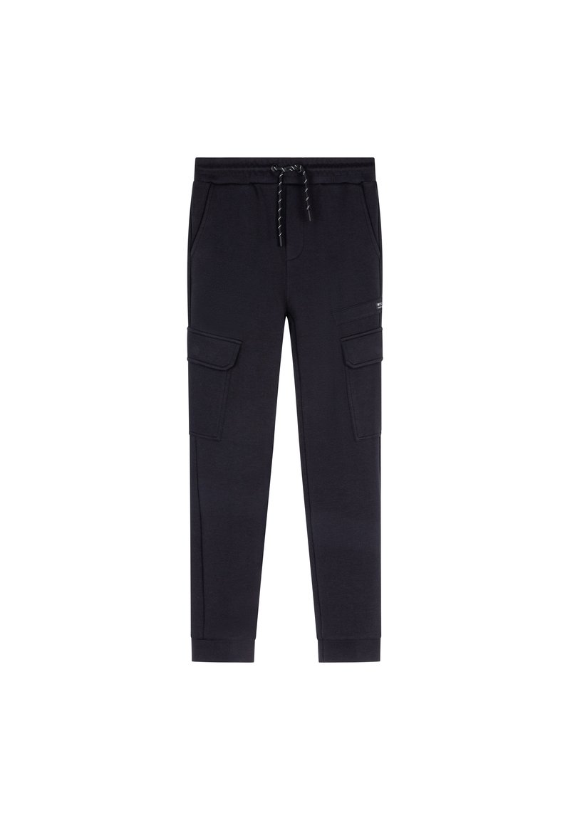 Zwarte cargojoggers van zachte stof met een elastische tailleband, een trekkoord en twee zijzakken. Heeft taps toelopende benen en geen zichtbare logo's.