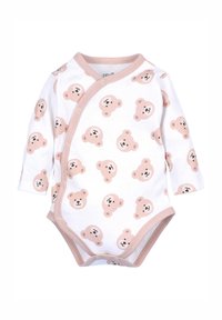 Valkoinen pitkähiha bodysuit, jossa on vaaleanpunaiset reunat. Se on varustettu toistuvalla karhukuviolla pehmeissä ruskeissa sävyissä ja napsautettavilla sulkijoilla toisella puolella.