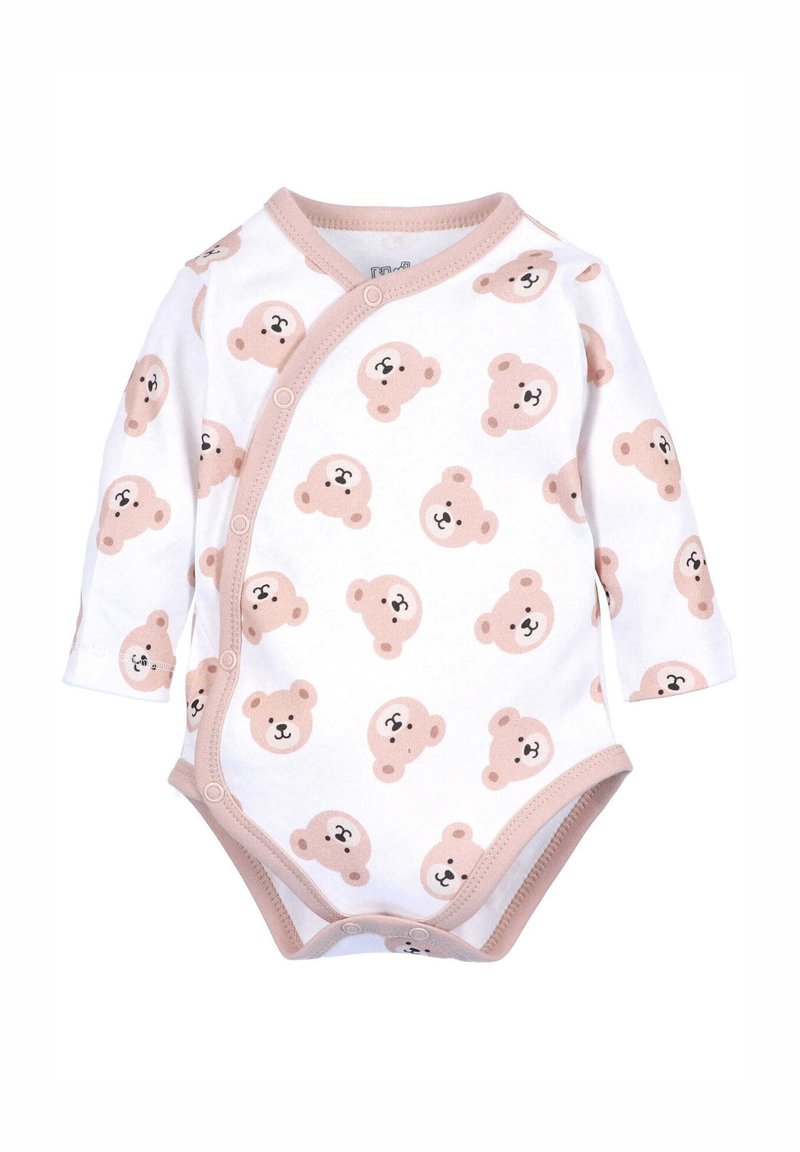 Valkoinen pitkähiha bodysuit, jossa on vaaleanpunaiset reunat. Se on varustettu toistuvalla karhukuviolla pehmeissä ruskeissa sävyissä ja napsautettavilla sulkijoilla toisella puolella.