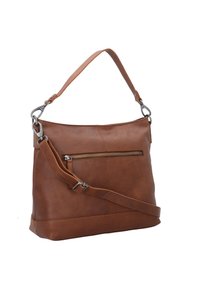 Braune Lederhandtasche mit einer Reißverschlusstasche auf der Vorderseite, verstellbarem Schultergurt und glatter Textur. Besitzt ein einfaches, modernes Design.