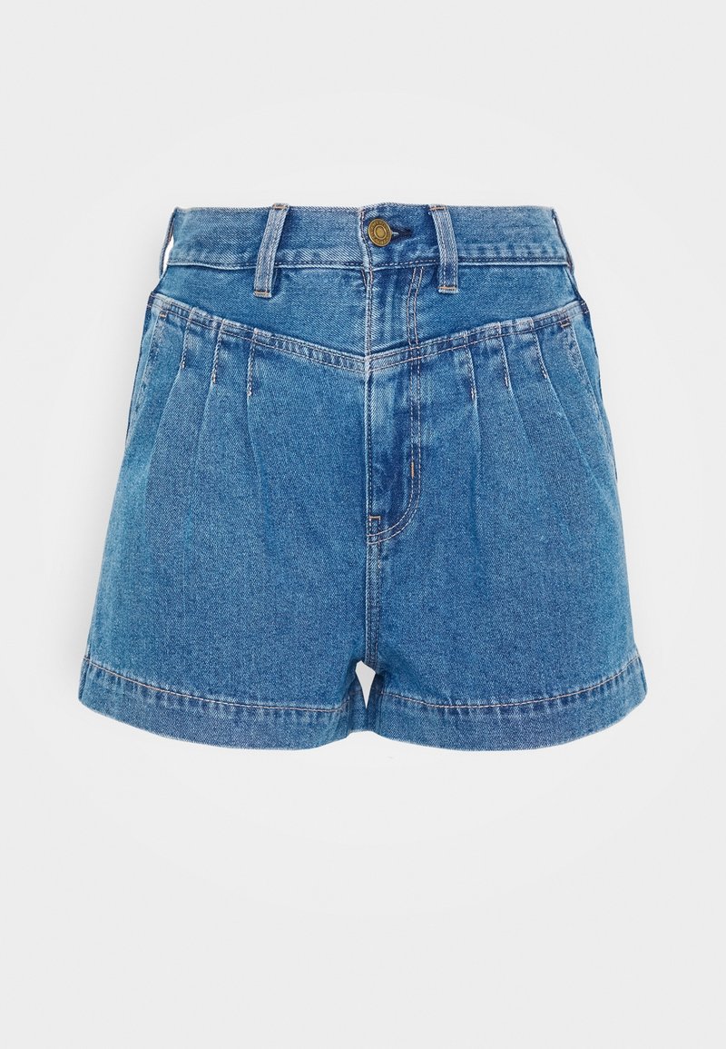 Denim shorts in light blue with a high waist, pleated front, and cuffed hem. Features a gold button and contrast stitching.