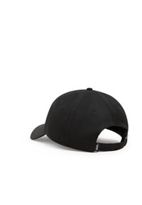 Black baseball cap with a curved brim, made from smooth fabric. Features ventilation eyelets and an adjustable strap at the back.
