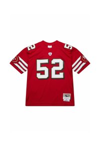 Maillot de football rouge avec des accents blancs et dorés, grand numéro 52 sur le devant, manches courtes avec un motif rayé et une étiquette sur l'ourlet.