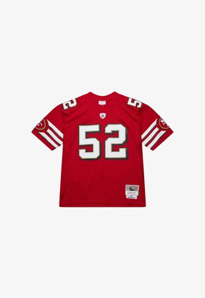Red football jersey featuring white and gold accents, large number 52 on the front, short sleeves with striped pattern, and a tag on the hem.