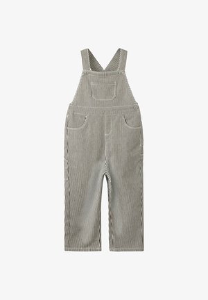 Salopette en coton rayée gris et blanc avec poche poitrine avant, deux poches latérales et bretelles ajustables avec boutons.