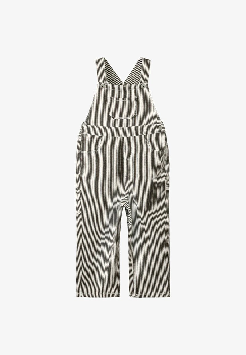 Salopette en coton rayée gris et blanc avec poche poitrine avant, deux poches latérales et bretelles ajustables avec boutons.