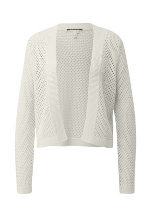 Cardigan blanc ouvert sur le devant, en tricot, avec manches longues et un design texturé ajouré et aérien.