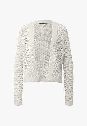 Cardigan blanc ouvert sur le devant, en tricot, avec manches longues et un design texturé ajouré et aérien.