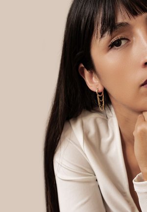 Gold hoop earrings with layered chain accents. Subject has long, straight dark hair, wearing a light ribbed long-sleeve top.