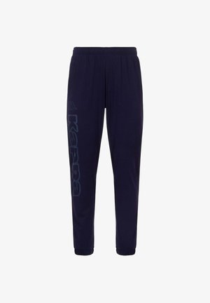 Pantaloni sportivi blu navy con cintura elastica, gambe affusolate e un grande logo riflettente Kappa sul lato. Tessuto morbido e leggero.