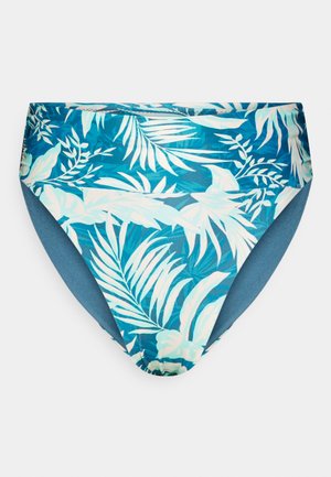 Parte de baixo de biquíni de cintura alta em azul e verde-água, com padrão de folhas tropicais, textura suave e bordas sem costura.