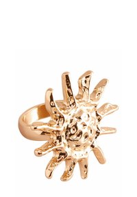Gold-tone ring featuring a sun design with textured rays and a smooth, rounded center. Made of metal with polished finish.
