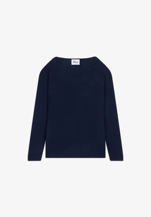 Navy blue sweter z kaszmiru o okrągłym dekolcie, z długimi rękawami i ściągaczem u dołu. Miękka tekstura z gładkim wykończeniem. Brak widocznych wzorów lub akcentów.