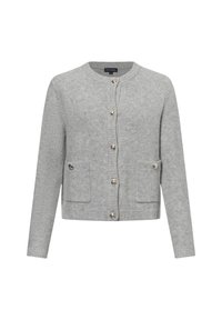 Grijze gebreide cardigan met ronde hals, lange mouwen, sluiting met vier knopen en twee voorkanten met ribgebreide manchetten en zoom.