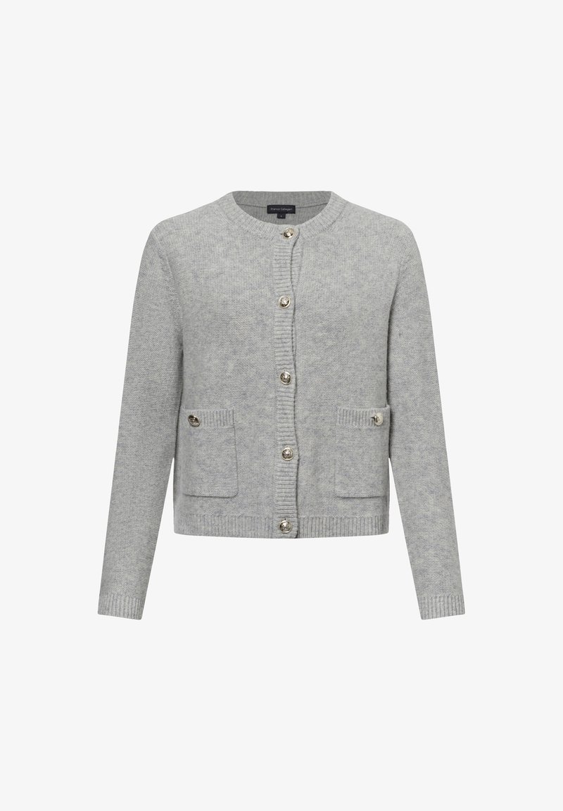 Grijze gebreide cardigan met ronde hals, lange mouwen, sluiting met vier knopen en twee voorkanten met ribgebreide manchetten en zoom.