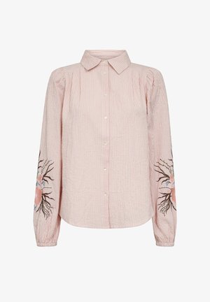 Blusa de manga larga con rayas verticales en rosa y blanco, cierre de botones, hombros abullonados y bordado floral en ambas mangas.