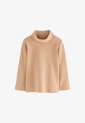 Beige Langarm-Fleece-Pullover mit weitem Rollkragen und lässigem Schnitt, auf einem weißen Hintergrund präsentiert.