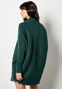 Maglione oversize di un verde intenso, lavorato a maglia con texture a coste, colletto alto e polsini abbottonati. Presenta una schiena scoperta e una vestibilità morbida.