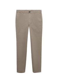 Béžové chinos kalhoty s plochým předním dílem, dvěma bočními kapsami a jednou zadní kapsou. Vyrobené z lehké bavlněné směsové látky.
