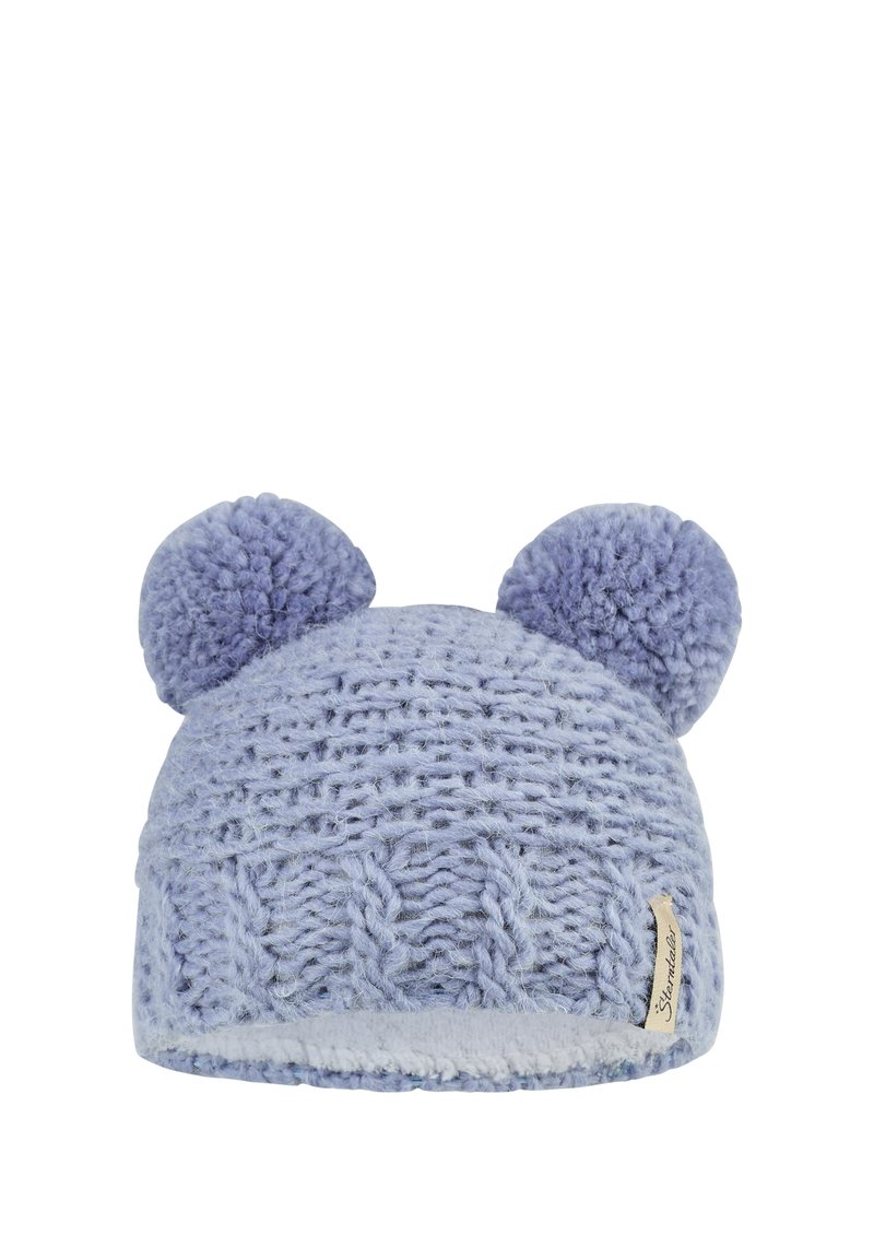 Light blue knit hat with two pom-pom ear accents. Features a textured pattern and a soft inner lining. Includes a small brand label.
