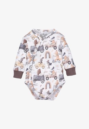 Bodysuit à manches longues, en coton biologique doux, fond blanc avec un motif d'animaux dans des véhicules, poignets marron et motif arc-en-ciel.