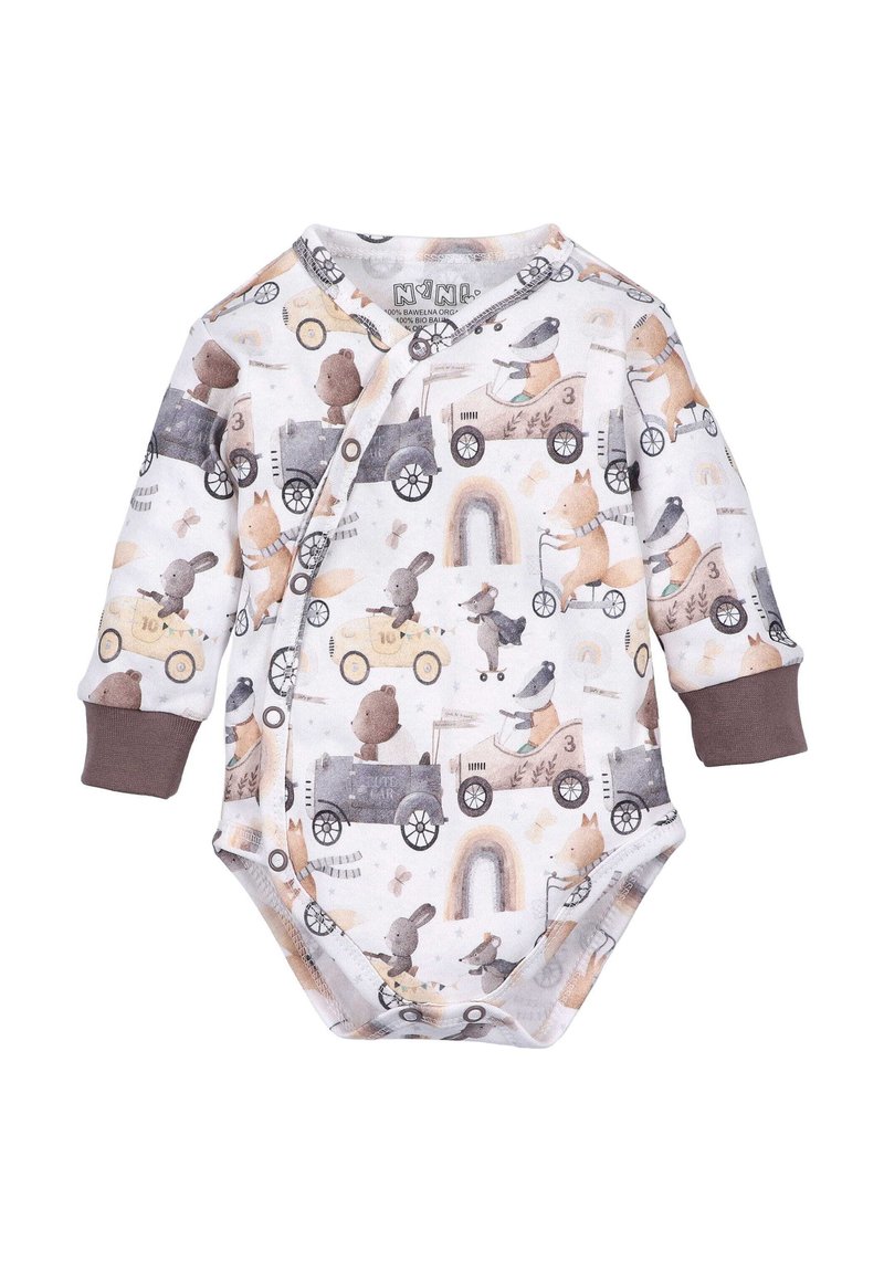 Bodysuit à manches longues, en coton biologique doux, fond blanc avec un motif d'animaux dans des véhicules, poignets marron et motif arc-en-ciel.
