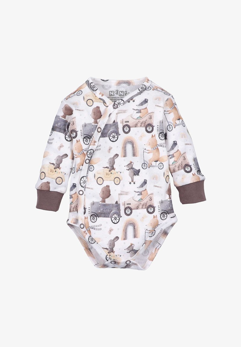 Bodysuit à manches longues, en coton biologique doux, fond blanc avec un motif d'animaux dans des véhicules, poignets marron et motif arc-en-ciel.