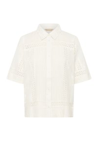 Fehér, rövid ujjú, galléros ing gombokkal, csipke kivágásokkal és függőleges redőkkel az elülső paneleken.