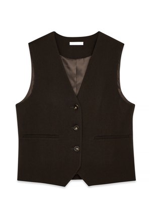Brown wool vest with a v-neckline, four front buttons, two side pockets, and a smooth satin lining. Tailored fit with a classic design.
