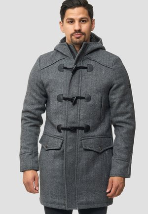 Grå ull duflest coat med hette, med toggle-lukking, to frontlommer og en teksturert vev.