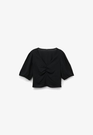 Schwarzes Kurzarmoberteil mit tiefem V-Ausschnitt und gerafftem Detail in der Mitte. Hergestellt aus leichtem Stoff mit glatter Textur.