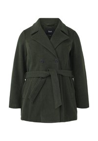 Cappotto in misto lana verde scuro con chiusura doppiopetto, ampie rever, cintura in vita regolabile e tasche laterali. Design pulito e strutturato.