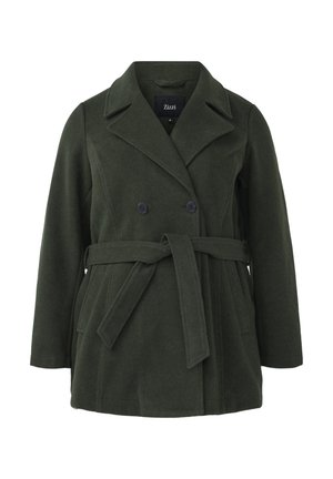 Manteau en mélange de laine vert foncé avec un devant double boutonnage, de grands revers, une ceinture ajustable à la taille et des poches latérales. Design épuré et structuré.