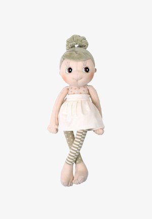 Blød dukke med en lysegrøn scrunchie-frisure, polka-dot bodice, hvid nederdel og stribede grønne og beige strømpebukser. Har et broderet ansigt.