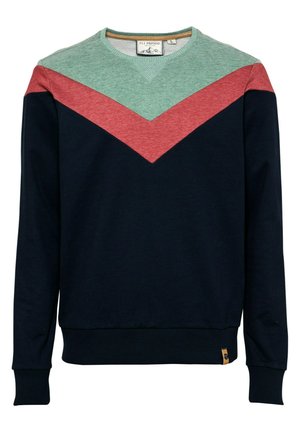 Bluza z okrągłym dekoltem, granatowa, z czerwono-jasnozielonym wzorem w jodełkę na piersi, ściągacze przy rękawach i u dołu, widoczna metka w rozmiarze large.