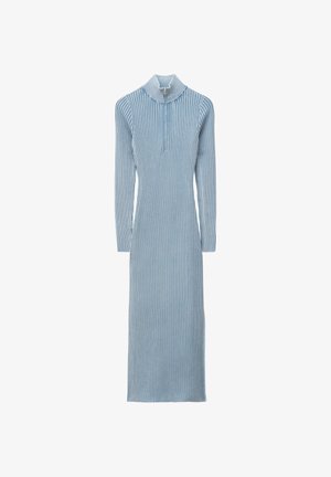 Light blue ribbed knit long-sleeve midi dress with a high collar and front half-zip closure.
