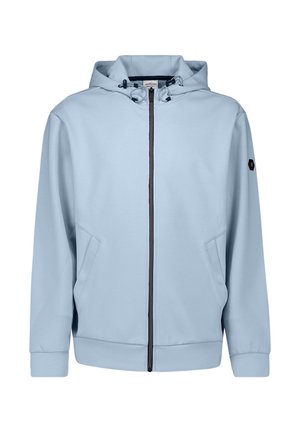 Hellblauer Kapuzenpullover mit Reißverschluss, Fronttaschen, Kordelzugkapuze und schwarzem Reißverschluss, abgebildet vor weißem Hintergrund.