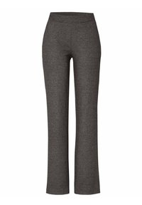 Gray, stretch fabric trousers with a flared leg design, smooth waistband, and subtle texture. No visible fasteners or pockets.