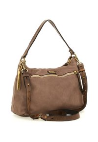 Borsa a spalla in pelle marrone con tasca con zip dorata, tracolla regolabile e etichetta "Made in Italy" su sfondo bianco.