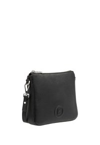 Borsa a tracolla nera in pelle con superficie texture, chiusura con zip e tracolla removibile. Presenta un logo circolare in rilievo sul davanti.