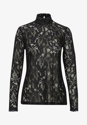 Top in pizzo nero con colletto a giostra e maniche lunghe, caratterizzato da un intricato motivo floreale e un profilo ondulato. Tessuto trasparente e testurizzato.