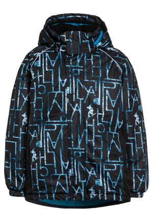 Czarna bluza z kapturem z niebieskimi abstrakcyjnymi, geometrycznymi i literowymi wzorami oraz małymi białymi sylwetkami deskorolkarzy, z elastycznymi mankietami i zamkiem z przodu.