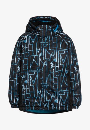Veste noire à capuche avec des motifs géométriques abstraits bleus et des lettres, ainsi que de petites silhouettes blanches de skateurs, poignets élastiques et fermeture éclair frontale.