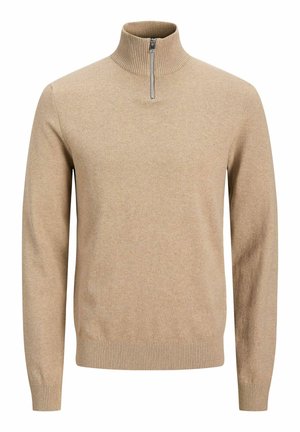 Bézs hosszú ujjú kötött pulóver bordázott magas gallérral és fél cipzáros záródással, bordázott mandzsettákkal és szegéllyel, egyszerű kialakítás.