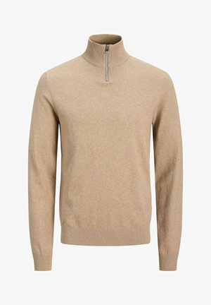 Bézs hosszú ujjú kötött pulóver bordázott magas gallérral és fél cipzáros záródással, bordázott mandzsettákkal és szegéllyel, egyszerű kialakítás.